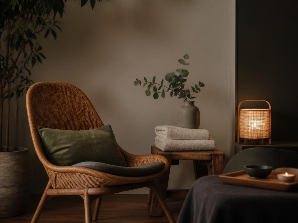 Relaxation corner with lamp light and eucalyptus at Healing Spa in Sherman Oaks